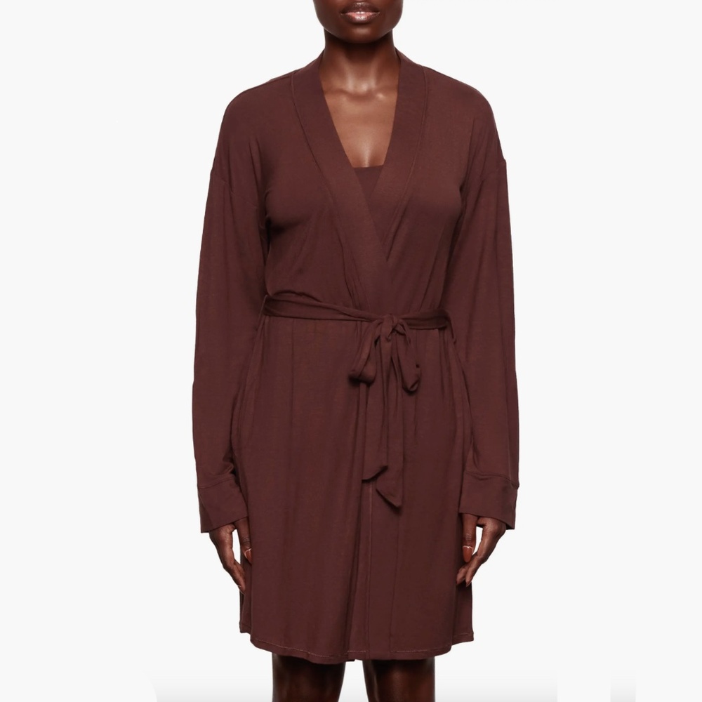 Skims - Sleep Lounge Long Sleeve Tie Belt V Neck Cocoa Brown Short Robe - 3X